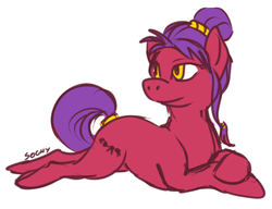 Size: 500x384 | Tagged: artist needed, safe, oc, oc only, oc:embers, earth pony, pony, hair bun, prone, solo, tail wrap