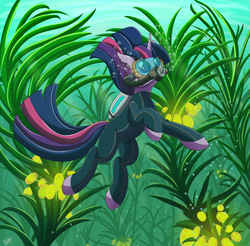 Size: 3000x2950 | Tagged: dead source, safe, artist:orangejuicerus, twilight sparkle, pony, unicorn, g4, air tank, bodysuit, crossover, dive mask, diving, female, high res, horn, kelp, kelp forest, mare, plant, scuba gear, solo, subnautica, swimming, underwater, unicorn twilight, video game crossover, wetsuit
