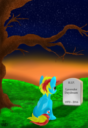 Size: 1880x2733 | Tagged: safe, artist:flamelight-dash, oc, oc only, oc:flamelight dash, pony, gravestone, implied death, male, night, night sky, rest in peace, sitting, sky, solo, stars, tree, tree branch