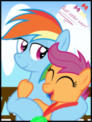 Size: 3000x3990 | Tagged: safe, artist:sollace, rainbow dash, scootaloo, pegasus, pony, g4, duo, female, filly, happy, high res, hug, medal, open mouth, ribbon, scootalove, show accurate, smiling