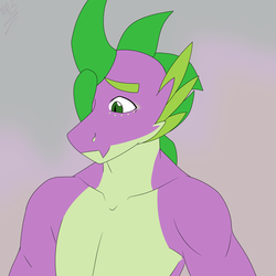 Size: 1688x1688 | Tagged: safe, artist:moonakart13, artist:moonaknight13, spike, g4, clothes, freckles, looking down, muscles, partial nudity, scales, smiling, topless