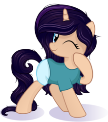 Size: 6107x6900 | Tagged: safe, artist:joemasterpencil, oc, oc only, oc:melody, pony, unicorn, absurd resolution, clothes, female, mare, one eye closed, raised hoof, shirt, shorts, simple background, solo, t-shirt, transparent background, vector, wink