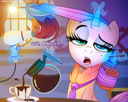 Size: 1000x799 | Tagged: safe, artist:lennonblack, rarity, pony, unicorn, g4, bags under eyes, bathrobe, clothes, coffee, coffee cup, cup, female, glowing horn, hair curlers, hair dryer, hairbrush, horn, looking at you, magic, mare, monday, morning ponies, robe, solo, telekinesis