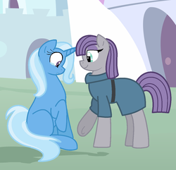 Size: 1024x989 | Tagged: safe, artist:bellalovesans04, artist:boneswolbach, artist:thedoctorsgirl99, maud pie, trixie, earth pony, pony, unicorn, g4, base used, clothes, crying, female, lesbian, mare, ship:mauxie, shipping, sitting, smiling, story included, underhoof