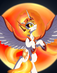 Size: 2750x3500 | Tagged: safe, artist:orangejuicerus, daybreaker, alicorn, pony, g4, female, high res, hoof shoes, mane of fire, mare, rearing, solo, spread wings, sun, wings