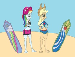 Size: 3465x2633 | Tagged: safe, artist:hunterxcolleen, applejack, rainbow dash, human, equestria girls, g4, my little pony equestria girls: better together, 1000 hours in ms paint, barefoot, beach, belly button, bikini, bikini top, cap, clothes, copy and paste, duo, duo female, feet, female, hat, high res, humanized, shorts, surfboard, swimming trunks, swimsuit