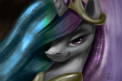 Size: 2025x1350 | Tagged: safe, artist:tsitra360, color edit, edit, princess celestia, pony, g4, bedroom eyes, bust, color, colored, dark, female, hair over one eye, looking at you, she knows, simple background, smiling, smirk, smug, smuglestia, solo