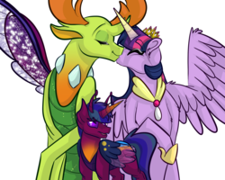 Size: 2500x2000 | Tagged: safe, artist:percy-mcmurphy, thorax, twilight sparkle, oc, oc:alistair, alicorn, changedling, changeling, changepony, hybrid, pony, g4, antennae, antlers, changeling king, colored sclera, crown, eyes closed, family, fangs, female, foal, high res, horn, hybrid wings, insect wings, interspecies offspring, jewelry, king thorax, kissing, male, necklace, next generation, offspring, parent:thorax, parent:twilight sparkle, parents:twirax, regalia, shipping, simple background, straight, trio, twilight sparkle (alicorn), twirax, white background