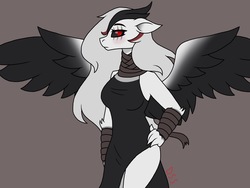 Size: 2048x1536 | Tagged: safe, artist:littlecritter, oc, oc:rumor stormblade, pegasus, anthro, bandage, black sclera, clothes, dress, edolon, eye scar, female, hand on hip, red eyes, scar, simple background, spread wings, wings