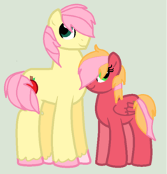 Size: 614x642 | Tagged: safe, artist:amazingphan24, oc, oc only, oc:apple seed, oc:lucky apple, earth pony, pegasus, pony, base used, brother and sister, female, gray background, male, mare, offspring, parent:big macintosh, parent:fluttershy, parents:fluttermac, simple background, stallion, unshorn fetlocks
