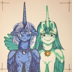 Size: 1280x1280 | Tagged: safe, artist:nightmare-moons-throneroom, princess celestia, princess luna, alicorn, pony, g4, alternate color palette, alternate hairstyle, blushing, chest fluff, coat markings, constellation, constellation hair, dappled, duo, ethereal mane, female, horn, jewelry, long horn, looking at you, mare, necklace, one wing out, photo, redesign, smiling, starry mane, younger