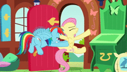 Size: 1280x720 | Tagged: safe, screencap, fluttershy, rainbow dash, pegasus, pony, dragon quest, g4, season 2, angry, animated, butt, cottage, duo, duo female, female, flapping, fluttershy's cottage, gritted teeth, mare, open mouth, out of context, plot, pushing, shoving, sound, talking, teeth, volumetric mouth, webm, yes