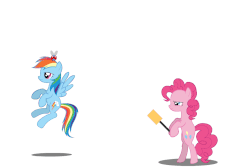 Size: 1080x720 | Tagged: safe, artist:twitchy-tremor, pinkie pie, rainbow dash, earth pony, insect, parasprite, pegasus, pony, g4, animated, attack, female, flying, flyswatter, food, gif, jumping, mare, simple background, slapstick, white background