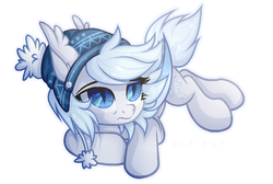 Size: 1052x708 | Tagged: safe, artist:teepew, oc, oc only, oc:silver puff, oc:snow puff, bat pony, pony, bat pony oc, bat wings, colored wings, ear fluff, female, frown, hat, mare, on side, simple background, slit pupils, solo, white background