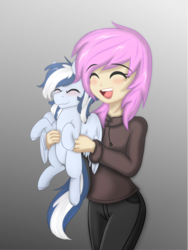 Size: 1999x2663 | Tagged: safe, artist:mariashek, artist:maxiclouds, oc, oc:mariasha, oc:maxi, human, pegasus, pony, blushing, clothes, cute, duo, eyes closed, female, gradient background, holding a pony, hoodie, human and pony, jeans, mare, pants, simple background, smiling, wings