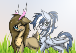Size: 2838x2000 | Tagged: safe, artist:happy deer, artist:maxiclouds, oc, oc:happy deer, oc:maxi, deer, pegasus, pony, blushing, duo, female, fluffy, grass, high res, looking at you, mare, one eye closed, ponytail, smiling, walking, wink