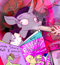 Size: 1323x1427 | Tagged: safe, artist:php93, fhtng th§ ¿nsp§kbl, oleander (tfh), paprika (tfh), tianhuo (tfh), alpaca, them's fightin' herds, are you frustrated?, bong, community related, drugs, food, fred, gossip, magazine, marijuana, meme, poptart, water