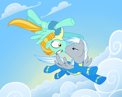 Size: 1500x1200 | Tagged: safe, artist:dreamscapescloud, lightning dust, oc, oc:windshear, pony, g4, canon x oc, clothes, female, flying, kissing, male, straight, uniform, wonderbolt trainee uniform