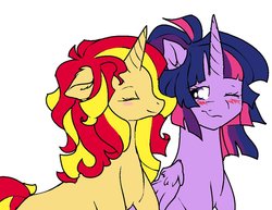 Size: 1018x785 | Tagged: safe, artist:licjbit, sunset shimmer, twilight sparkle, alicorn, pony, unicorn, g4, alternate hairstyle, blushing, eyes closed, female, happy, lesbian, one eye closed, ship:sunsetsparkle, shipping, smiling, twilight sparkle (alicorn)