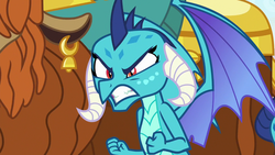Size: 1280x720 | Tagged: safe, screencap, prince rutherford, princess ember, dragon, yak, g4, school daze, angry, clenched fist, dragoness, ear piercing, ember is not amused, female, furious, gritted teeth, growling, horns, i'll show you unpredictable, offended, slit pupils, spread wings
