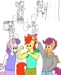 Size: 1495x1820 | Tagged: safe, artist:matchstickman, apple bloom, scootaloo, sweetie belle, earth pony, anthro, g4, apple brawn, cutie mark crusaders, flexing, muscles, progression, sketch, sketch dump, tree punching