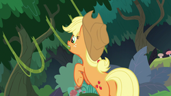 Size: 1280x720 | Tagged: safe, screencap, applejack, earth pony, pony, g4, my little pony: friendship is magic, non-compete clause, biting, butt, female, freckles, mare, mouth hold, plot, solo