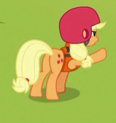 Size: 163x173 | Tagged: safe, screencap, applejack, earth pony, pony, g4, non-compete clause, butt, cropped, female, helmet, lifejacket, mare, plot, raised hoof, solo