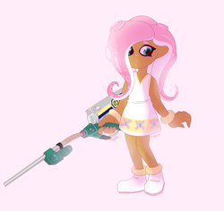 Size: 1200x1131 | Tagged: safe, artist:kipaki, fluttershy, human, g4, clothes, female, humanized, solo, splatoon, weapon