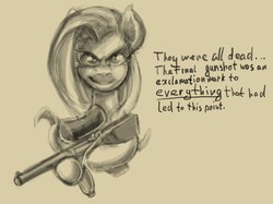 Size: 1280x955 | Tagged: safe, artist:sharpy, fluttershy, pony, g4, bust, female, hoof hold, looking at you, mare, max payne, monochrome, paintball, paintball gun, portrait, quote, simple background, smiling, smirk, solo, video game reference