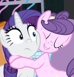 Size: 500x522 | Tagged: safe, screencap, rarity, suri polomare, earth pony, pony, unicorn, g4, rarity takes manehattan, animated, clothes, cropped, cute, female, gif, hape, hug, personal space invasion, scarf, smiling, squishy cheeks, suribetes, uncomfortable
