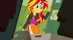 Size: 998x554 | Tagged: safe, edit, edited screencap, screencap, sunset shimmer, comic:a new change, equestria girls, g4, my little pony equestria girls: rainbow rocks, clothes, female, jacket, leather jacket, lockers, pregnant, pregnant edit, solo, teen pregnancy