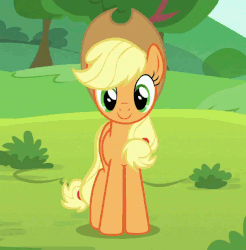 Size: 606x615 | Tagged: safe, screencap, applejack, earth pony, pony, g4, non-compete clause, season 8, animated, applejack's hat, cowboy hat, cropped, cute, female, grin, hat, jackabetes, mare, raised hoof, smiling, solo