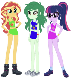 Size: 1397x1536 | Tagged: safe, edit, editor:php77, vector edit, sci-twi, sunset shimmer, twilight sparkle, wallflower blush, equestria girls, equestria girls series, 1000 hours in ms paint, boots, bracelet, clothes, cutie mark, female, freckles, glasses, high heel boots, jewelry, looking at you, ponytail, shoes, simple background, socks, swimsuit, transparent background, trio, trio female, vector, wristband