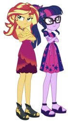Size: 614x1091 | Tagged: safe, artist:ilaria122, edit, edited screencap, editor:php77, screencap, sci-twi, sunset shimmer, twilight sparkle, equestria girls, equestria girls specials, g4, my little pony equestria girls: better together, my little pony equestria girls: spring breakdown, clothes, crossed arms, dress, duo, duo female, female, geode of empathy, geode of fauna, geode of shielding, geode of sugar bombs, geode of super speed, geode of super strength, geode of telekinesis, glasses, magical geodes, not a vector, ponytail, simple background, transparent background