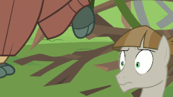 Size: 960x540 | Tagged: safe, edit, edited screencap, screencap, mudbriar, yona, earth pony, pony, yak, g4, non-compete clause, animated, branches, cloven hooves, female, male, stallion, stick abuse, stomping, yak smash