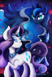 Size: 1024x1536 | Tagged: safe, artist:animechristy, nightmare rarity, princess luna, rarity, alicorn, pony, unicorn, g4, alternate clothes, alternate hairstyle, armor, armored pony, ethereal mane, female, flower, implied shipping, lesbian, looking at each other, mare, nightmare luna, nightmare rariluna, raised hoof, rose, ship:rariluna, shipping, smiling, starry mane