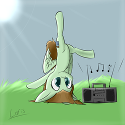 Size: 4000x4000 | Tagged: safe, artist:lofis, oc, oc only, oc:mint chocolate, pegasus, pony, balance, bipedal, boombox, cute, cutie mark, female, implied music, mare, music, music notes, radio, shading, signature, solo, standing, standing on one leg, sun, upside down
