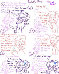 Size: 1280x1611 | Tagged: safe, artist:adorkabletwilightandfriends, spike, starlight glimmer, oc, oc:tony, dragon, earth pony, pony, unicorn, comic:adorkable twilight and friends, g4, adorkable friends, cologne, comic, flower, flower in hair, humor, lineart, slice of life, store