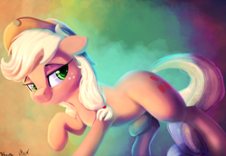 Size: 2000x1377 | Tagged: safe, artist:discorded, artist:vanillaghosties, applejack, earth pony, pony, g4, abstract background, bedroom eyes, collaboration, cowboy hat, cute, featured image, female, floppy ears, freckles, hat, jackabetes, lidded eyes, looking at you, mare, misleading thumbnail, not what it looks like, raised hoof, raised leg, signature, smiling, smirk, smug, smugjack, solo, stetson