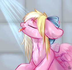 Size: 5000x4858 | Tagged: safe, artist:alphadesu, oc, oc only, oc:bay breeze, pegasus, pony, absurd resolution, bow, bust, cute, ear fluff, eyes closed, female, floppy ears, hair bow, mare, neck fluff, shower, solo, spread wings, tongue out, wet hair bow, wet mane, wings, ych result