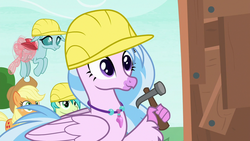 Size: 1280x720 | Tagged: safe, screencap, applejack, ocellus, sandbar, silverstream, earth pony, hippogriff, pony, non-compete clause, cute, diastreamies, female, hammer, hard hat, male