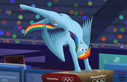 Size: 4000x2588 | Tagged: safe, artist:mighty-muffins, rainbow dash, pegasus, pony, semi-anthro, g4, armpits, banner, crowd, description is relevant, equestria games, female, gymnast, gymnastics, olympic games, olympics, shading, solo, stadium, summer olympics, vault, wings
