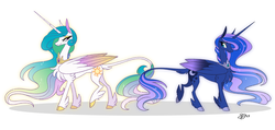 Size: 1600x764 | Tagged: safe, artist:probablyfakeblonde, princess celestia, princess luna, alicorn, pony, g4, chest fluff, cloven hooves, colored hooves, duo, female, leonine tail, mare, royal sisters, siblings, simple background, sisters, smiling, unshorn fetlocks, white background