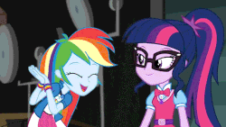 Size: 720x405 | Tagged: safe, screencap, rainbow dash, sci-twi, twilight sparkle, equestria girls, equestria girls specials, g4, movie magic, animated, cute, dashabetes, duo, duo female, excited, female, geode of super speed, geode of telekinesis, gif, magical geodes, twiabetes
