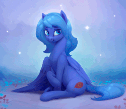 Size: 700x609 | Tagged: safe, artist:rodrigues404, oc, oc only, oc:festia, pegasus, pony, abstract background, animated, blinking, cinemagraph, commission, female, mare, not luna, sitting, smiling, solo