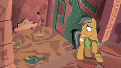 Size: 1280x720 | Tagged: safe, screencap, cipactli, quibble pants, crocodile, earth pony, pony, g4, stranger than fan fiction, clothes, looking down, male, mud, raised hoof, stallion, swimming