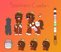 Size: 5050x4300 | Tagged: safe, artist:xyclone, oc, oc only, oc:southern comfort, cow pony, hybrid, absurd resolution, cloven hooves, cutie mark, green eyes, hat, milk, reference sheet, size comparison, solo, udder