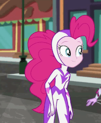 Size: 579x710 | Tagged: safe, screencap, fili-second, pinkie pie, equestria girls, equestria girls specials, g4, my little pony equestria girls: movie magic, animated, cropped, cute, diapinkes, female, gif, power ponies, solo, stormy with a side of pudding