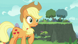 Size: 1280x720 | Tagged: safe, screencap, applejack, gallus, rainbow dash, earth pony, griffon, pegasus, pony, g4, non-compete clause, animated, cliff, forest, screaming, sound, spread wings, stop, webm, wings