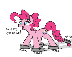 Size: 474x380 | Tagged: safe, artist:jargon scott, pinkie pie, earth pony, pony, g4, about to have tail sucked into a roomba, dialogue, female, mare, pinkie being pinkie, ponies riding roombas, riding, roomba, roombapie, simple background, solo, vrrr, white background